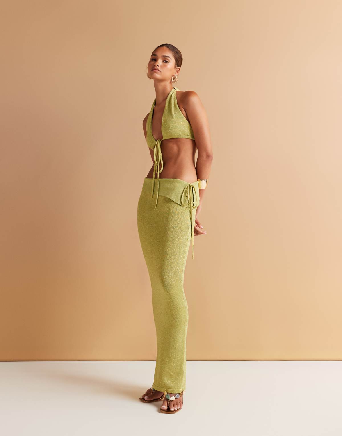Wanderdoll Heidi metallic knitted foldover waist ruched side maxi beach skirt co-ord in lime