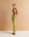 [Wanderdoll] Wanderdoll Heidi metallic knitted foldover waist ruched side maxi beach skirt in lime (part of a set)-Green M Lime
