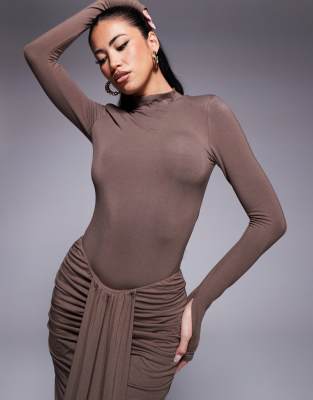 high neck bodysuit in chocolate - part of a set-Brown