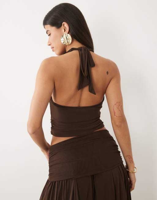 Wanderdoll Jody triple mesh cowl tie neck crop top co-ord in chocolate, 2 of 4