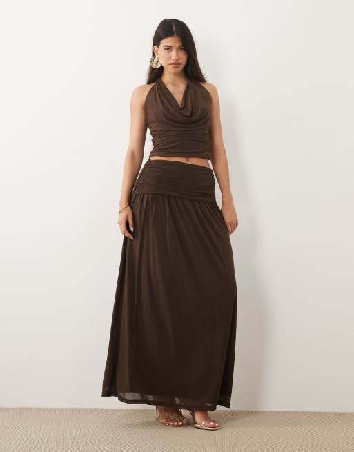 Wanderdoll Jody triple mesh cowl tie neck crop top co-ord in chocolate, 3 of 4