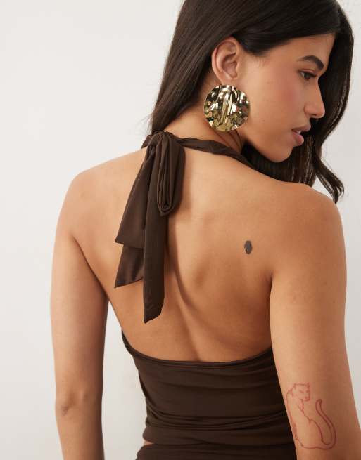 Wanderdoll Jody triple mesh cowl tie neck crop top co-ord in chocolate, 4 of 4
