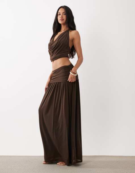 Wanderdoll Jody triple mesh deep foldover maxi skirt in chocolate (part of a set) - view 1