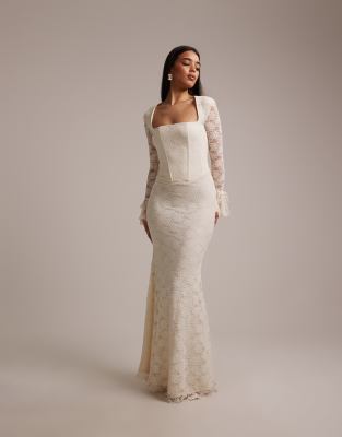 Wanderdoll Juliette bridal square neck corset detail bow tie sleeve lace maxi dress in vanilla