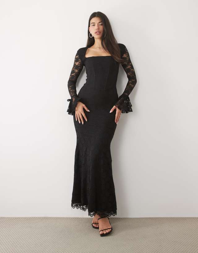 Wanderdoll Juliette lace square neck flare sleeve maxi dress in