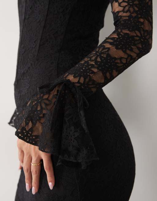 Wanderdoll Juliette lace square neck flare sleeve maxi dress in black, 3 of 4