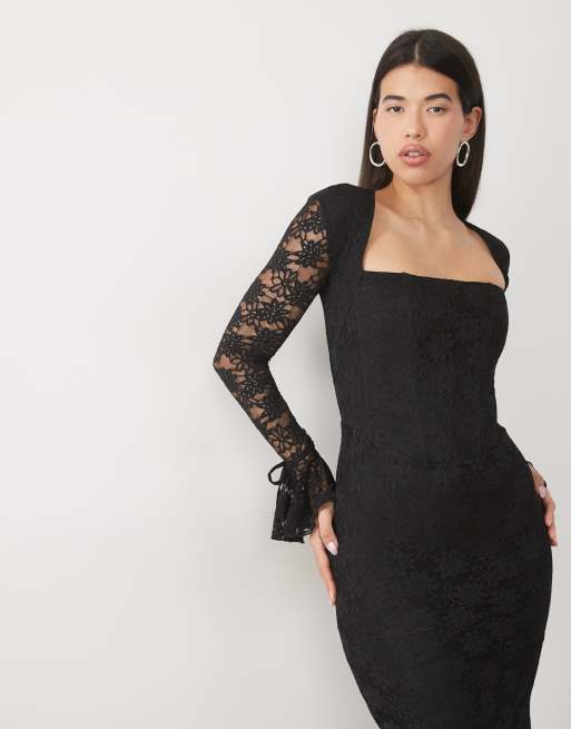 Wanderdoll Juliette lace square neck flare sleeve maxi dress in black, 4 of 4