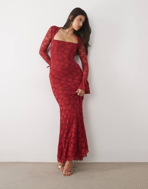 Wanderdoll Juliette lace square neck flare sleeve maxi dress in wine - view 1