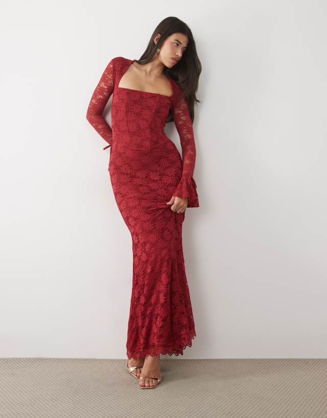 ワンピース maison celon lace flare long dress Wanderdoll Juliette lace square neck flare sleeve maxi dress in