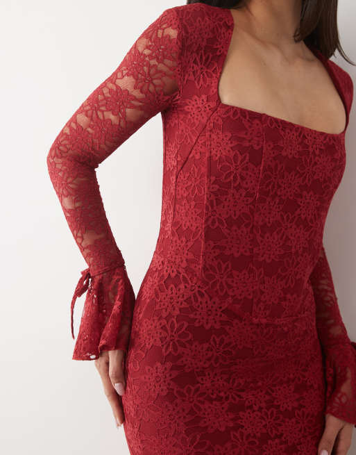 Wanderdoll Juliette lace square neck flare sleeve maxi dress in wine, 4 of 4