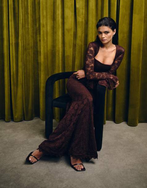 Wanderdoll Juliette square neck corset detail bow tie sleeve lace maxi dress in chocolate - view 1