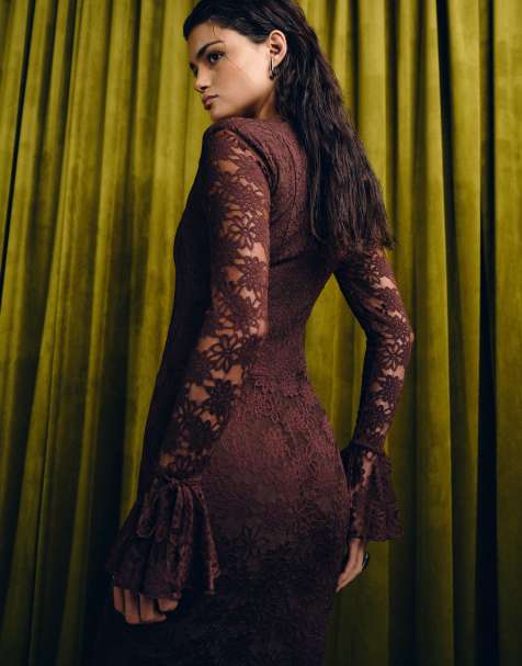 Wanderdoll Juliette square neck corset detail bow tie sleeve lace maxi dress in chocolate - view 1