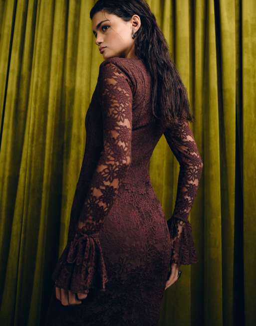 Wanderdoll Juliette square neck corset detail bow tie sleeves lace maxi dress in chocolate