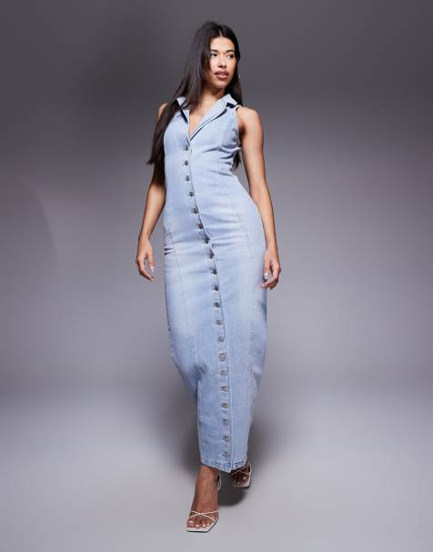 Wanderdoll Kenny collar detail shirred back halter neck denim maxi dress in light blue - view 1