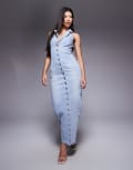 [Wanderdoll] Wanderdoll Kenny collar detail shirred back halter neck denim maxi dress in light blue S Light blue denim