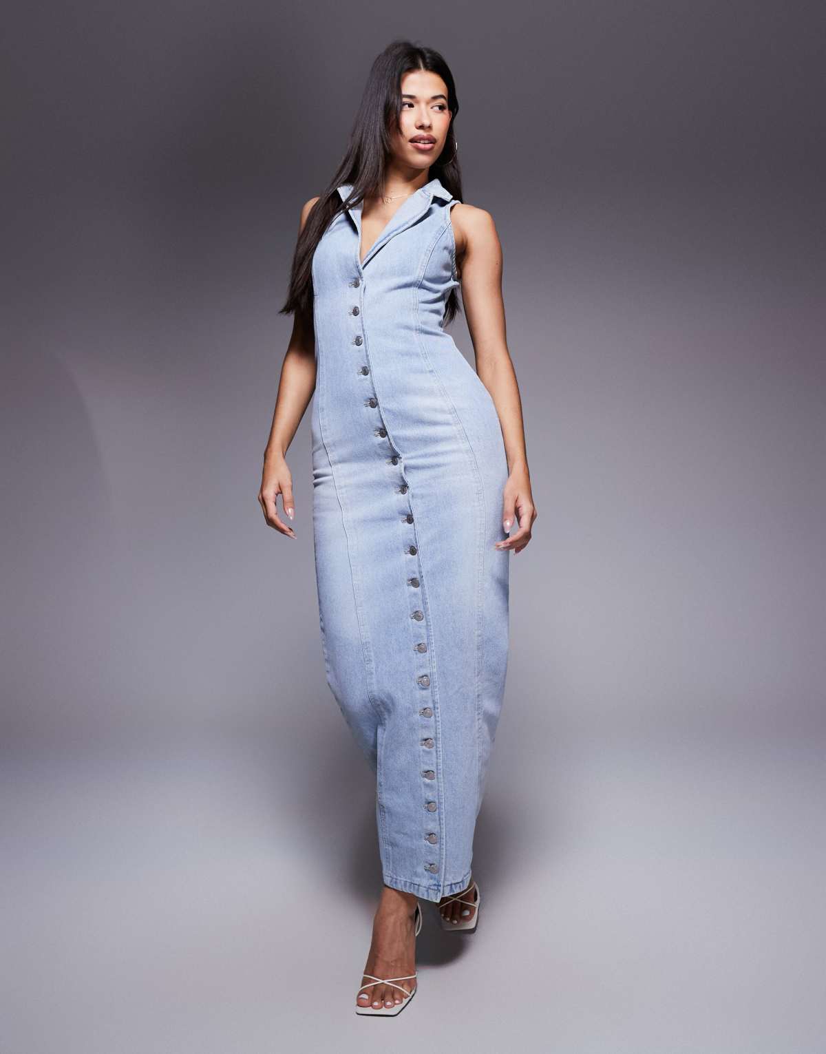 Wanderdoll Kenny collar detail shirred back halter neck denim maxi dress in light blue