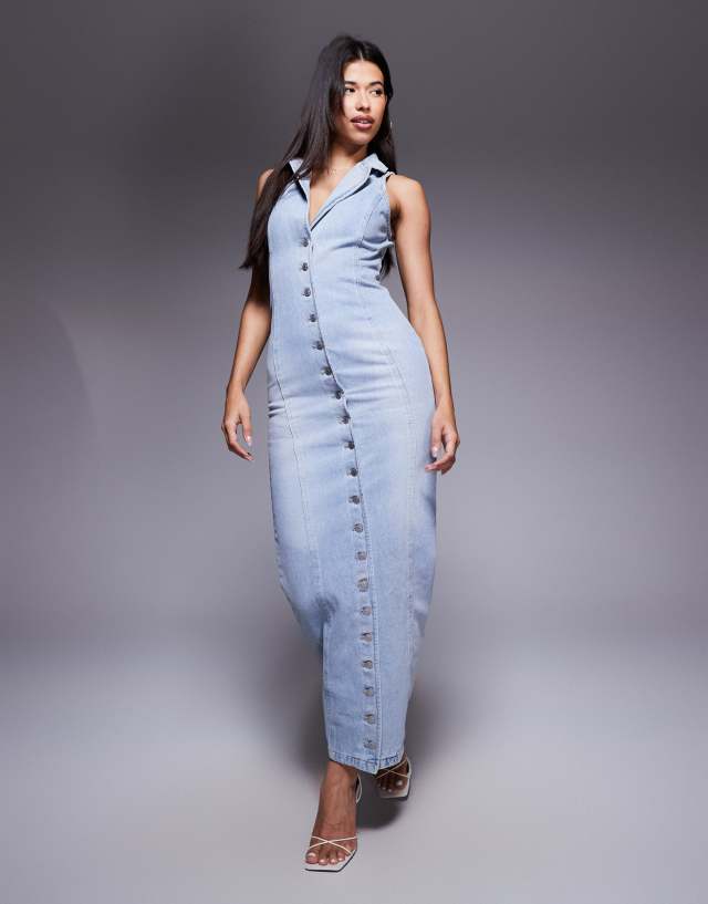 Wanderdoll Kenny collar detail shirred back halter neck denim maxi dress in light blue