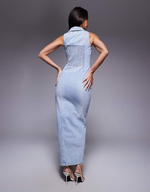 Wanderdoll – Kenny – Neckholder-Maxikleid aus hellblauem Denim mit Kragendetail und gesmokter Rückseite, 2 von 4