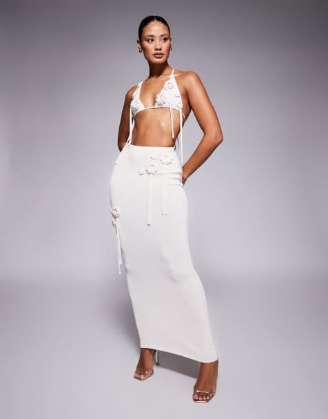 Wanderdoll knitted corsage tassel detail bralette top and maxi skirt co-ord in vanilla - view 1