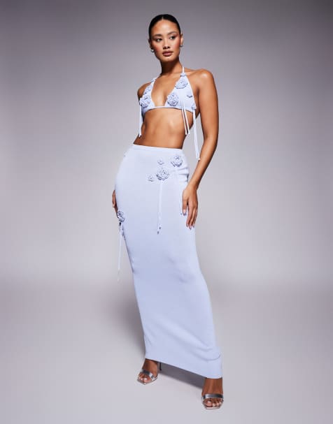 Wanderdoll knitted corsage tassel detail bralette top and skirt co-ord in baby blue - view 1