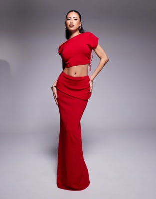 knitted off shoulder ruched detail top and maxi skirt set in red