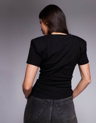 Wanderdoll Knot So Basic Cotton Rich Knot Front Shoulder Pads T-shirt In Black