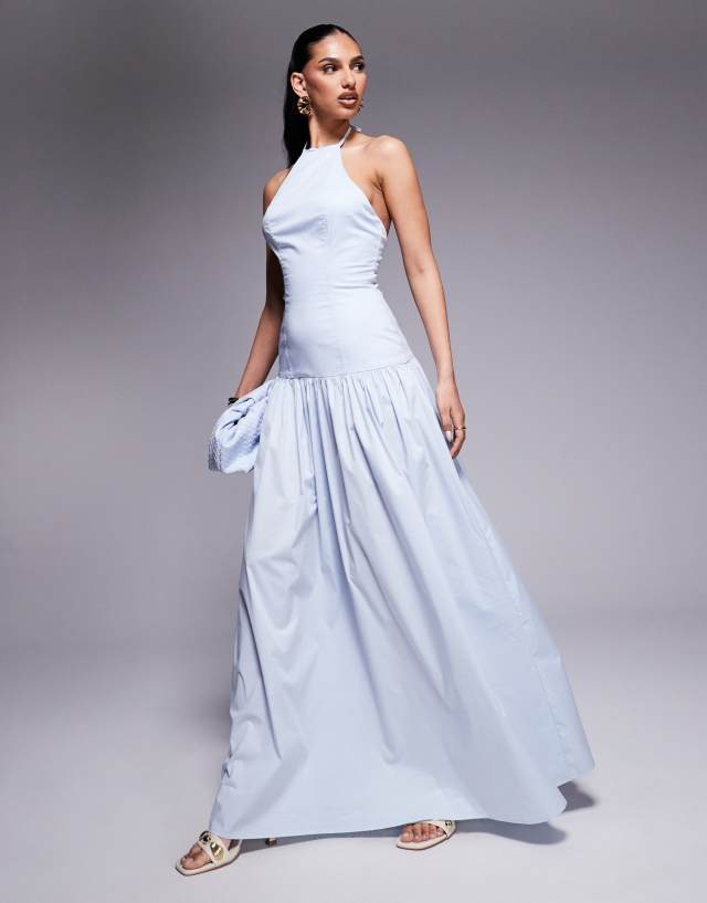 baby blue drop waist dress Wanderdoll Kylie poplin halterneck dropped maxi in in bones and non