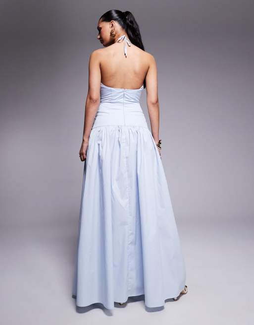 Wanderdoll Kylie poplin halterneck dropped waist maxi dress in baby blue