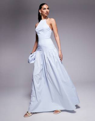 Wanderdoll - Kylie - Robe longue dos nu en popeline à taille tombante - Bleu pastel