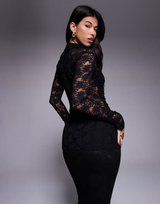Wanderdoll - Lacie - Chemise d'ensemble en dentelle à manches longues et décolleté plongeant - Noir, 4 de 4