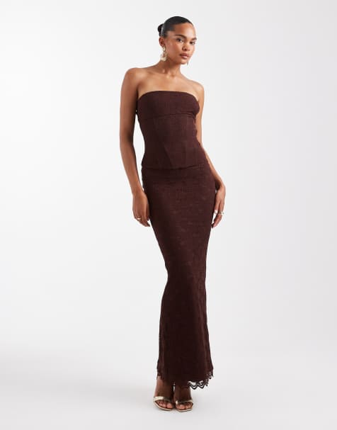 Wanderdoll Lacie lace bandeau curved hem corset top and maxi skirt set in espresso - view 1