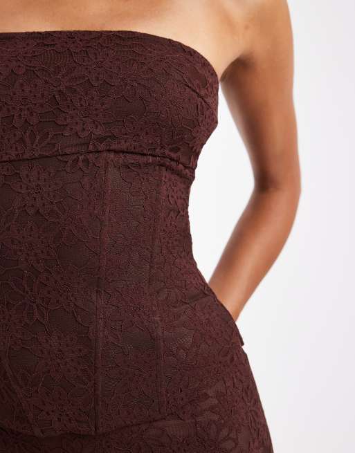 Wanderdoll Lacie lace bandeau curved hem corset top co-ord in espresso, 3 of 4