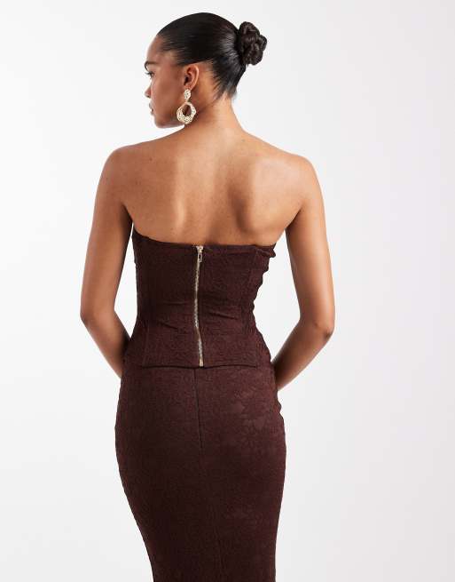 Wanderdoll Lacie lace bandeau curved hem corset top co-ord in espresso, 4 of 4