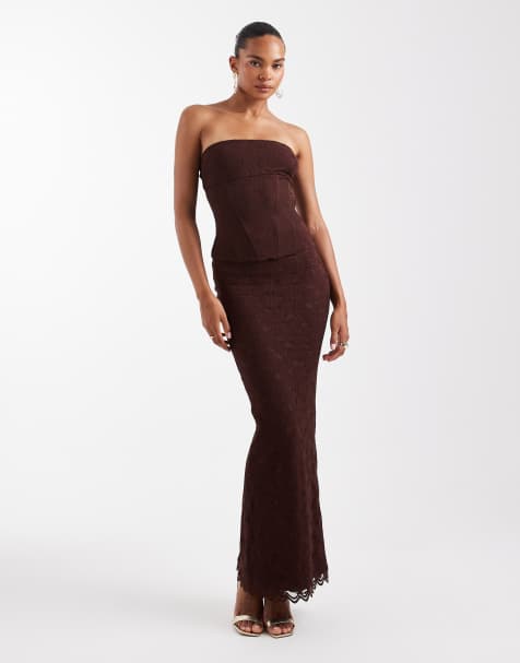 Wanderdoll Lacie lace high waisted fishtail hem maxi skirt in espresso (part of a set) - view 1
