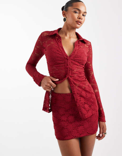 Wanderdoll Lacie lace mini skirt in wine (part of a set), 2 of 5