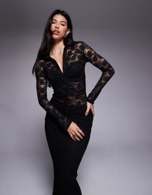 Wanderdoll - Lacie - Langärmlige Hemdbluse aus Spitze in Schwarz mit tiefem Ausschnitt, Kombiteil