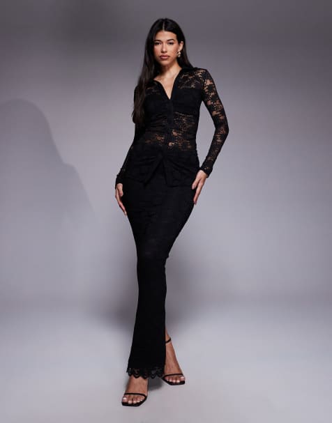 Wanderdoll Lacie plunge neck long sleeve lace shirt and high waisted maxi skirt set in black - view 1