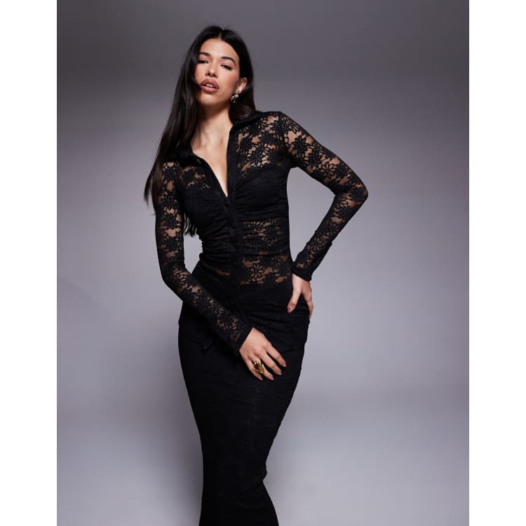 dylan davids midi lace formal black cocktail dress reviews Long Lace Formal Black Evening Dress - 4XL - Elegant Lace Detailing - Short Sleeves main image 1