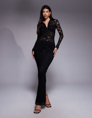 Wanderdoll Lacie Plunge Neck Long Sleeve Lace Shirt In Black