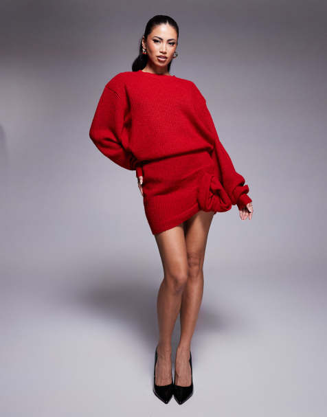 Wanderdoll Larosa knitted corsage detail mini skirt co-ord in red