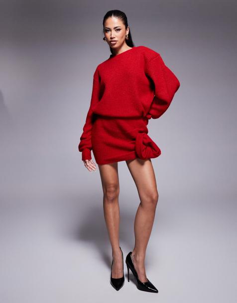 Wanderdoll Larosa knitted shoulder pad jumper and mini skirt co-ord in red - view 1