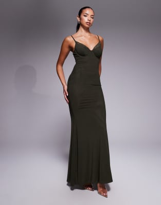 Wanderdoll - Leah - Figurformendes, dreilagiges Träger-Maxikleid in Waldgrün aus Netzstoff mit spitzenbesetztem Körbchen...