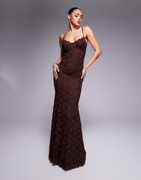 Wanderdoll - Leah - Robe longue en dentelle avec bretelles fines et bonnets préformés - Chocolat - view 1