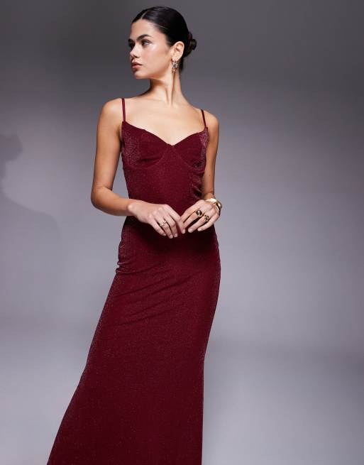 Wanderdoll Leah sculpted cup detail cami maxi dress in burgundy glitter, 3 of 4