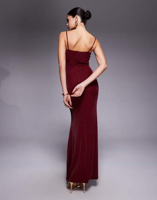 Wanderdoll Leah sculpted cup detailing cami maxi dress in burgundy glitter