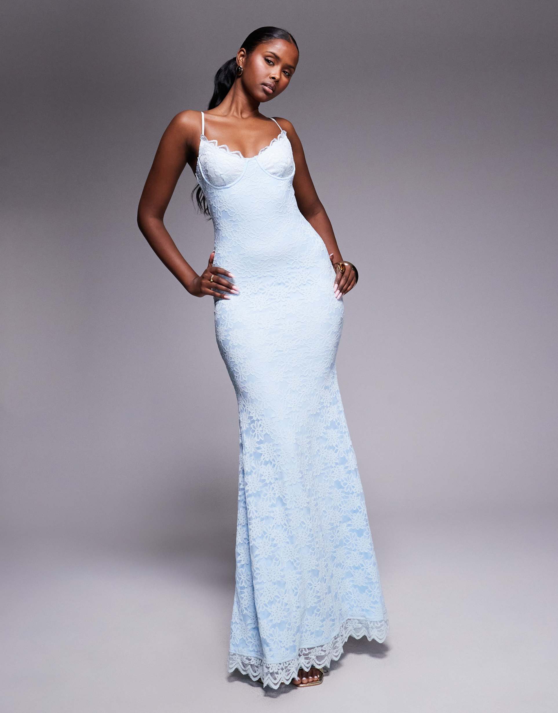 wanderdoll leah structured cami lace fishtail maxi dress in light blue