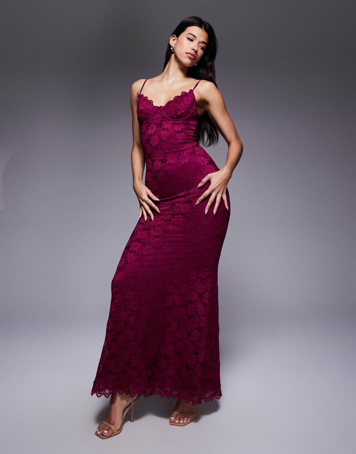 Wanderdoll Leah structured cami lace fishtail maxi dress in plum