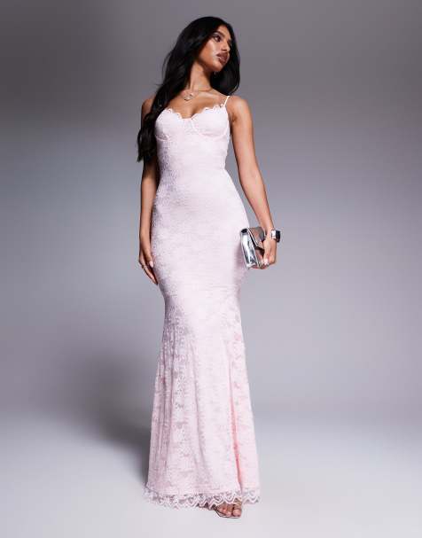 Wanderdoll Leah structured cami lace fishtail maxi dress in soft pink - view 1
