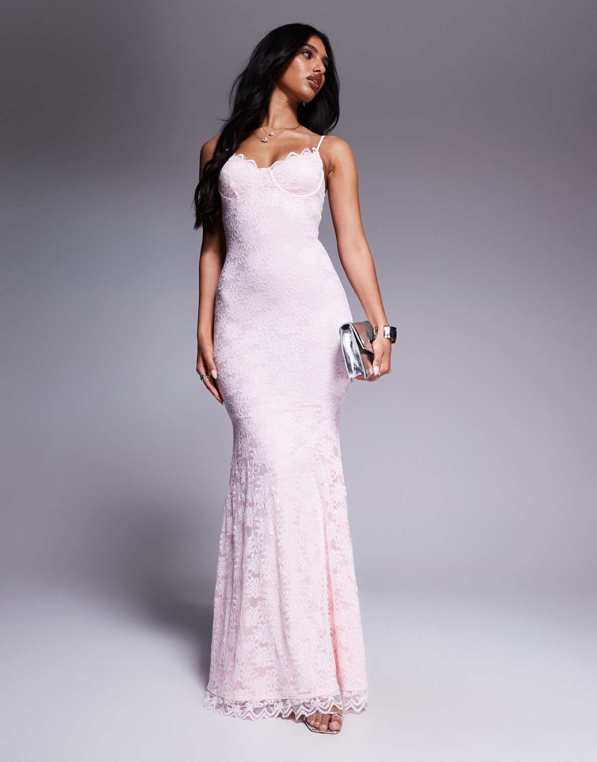 Wanderdoll Leah structured cami lace fishtail maxi dress in soft pink