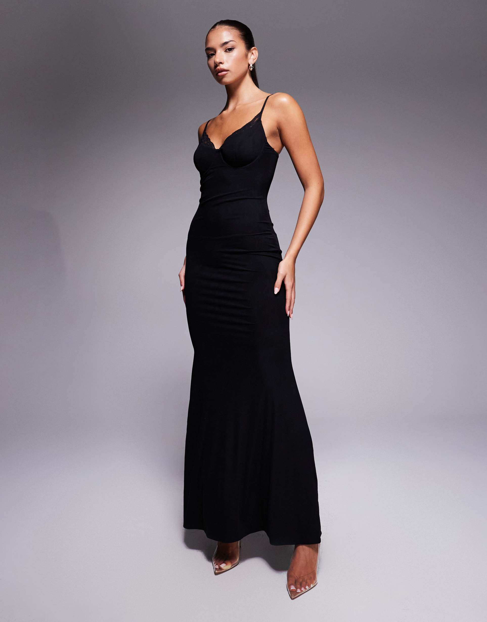 wanderdoll leah triple layered sculpting mesh lace cup detail cami fishtail maxi dress in black